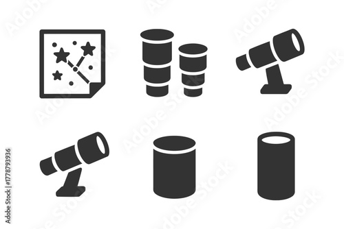 Astronomy icons set: telescope, stars, and planets in minimalist design.