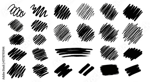 Collection of black hand drawn scribble brush strokes and textures for artistic design elements