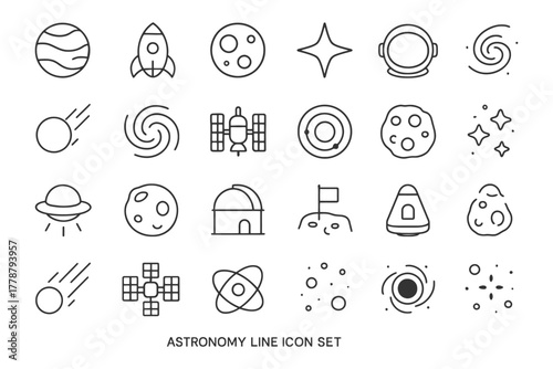 Astronomy line icon set with spacecraft, planets, and stars.