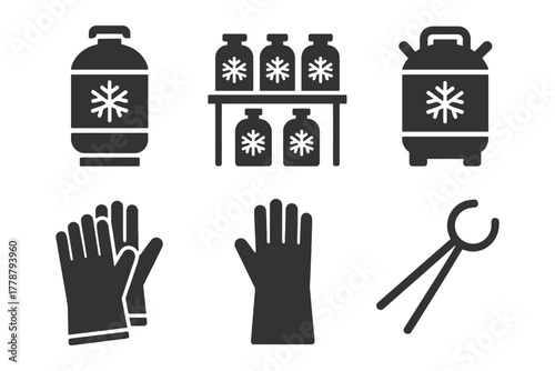 Cryogenic equipment icons featuring tanks, gloves, and tongs.