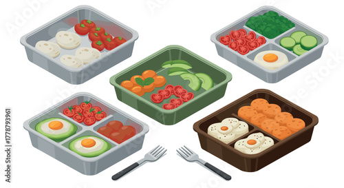 Isometric meal prep containers with eggs, vegetables, and forks