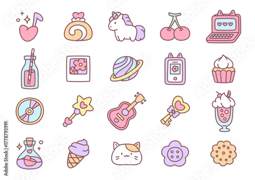Girly icon collection. A set of cute illustrations in pastel tones, featuring adorable objects such as a unicorn, cupcakes, keys, planets, and magic items. Kawaii stickers. Vector 10 EPS.