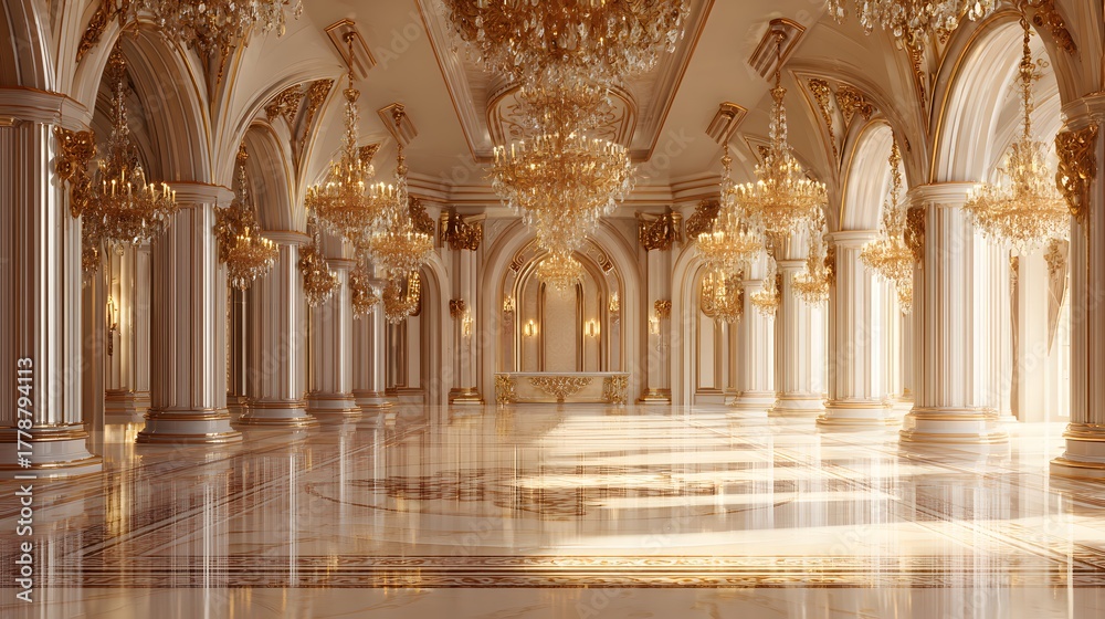Fototapeta premium Opulent grand hall features numerous gilded chandeliers hanging above polished marble floors