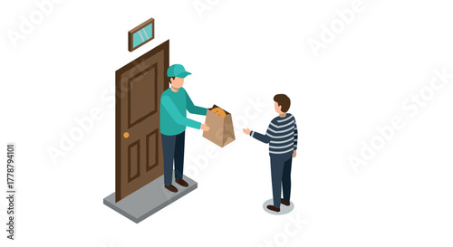 Isometric home delivery scene with courier and customer interaction