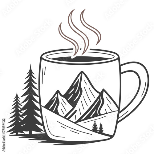 A steaming cup of coffee with mountain scenery