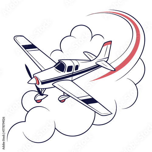 Airplane flying through clouds in vector style
