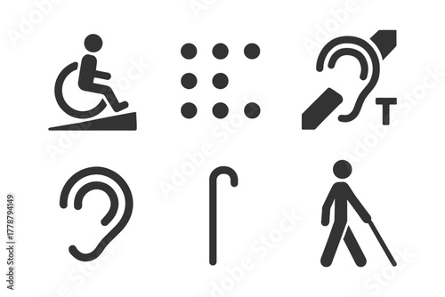 Accessibility symbols: wheelchair, braille, hearing, white cane, visual impairment icons.