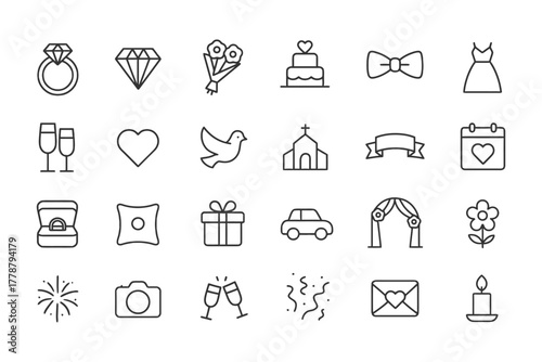Wedding icon set: rings, cake, dress, church, gifts, celebrations, love symbols.