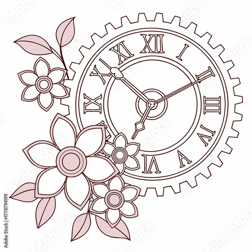 Clock face with roman numerals and flowers