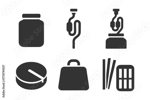 Medical equipment and pharmacy icons collection: jars, iv line, pills, weight, and packaging.