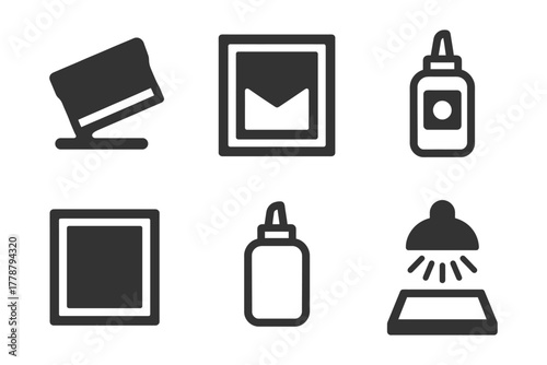 Set of minimalist icons: stamp, picture frame, glue bottle, lamp.