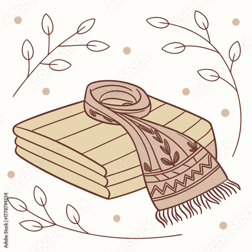 Folded blanket and scarf with leaves on a