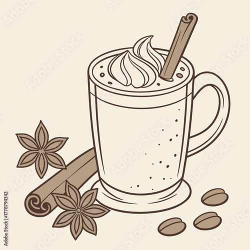 Delicious latte with cinnamon stick and star anise