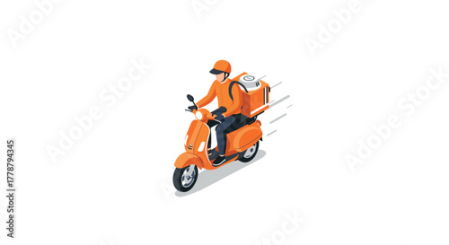 Isometric delivery service concept with rider on scooter in motion