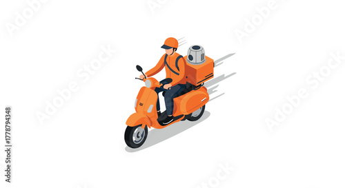 Isometric delivery service with courier on scooter wearing orange uniform