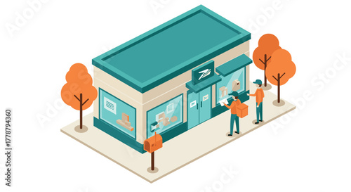 Isometric package delivery at modern postal office with trees and couriers