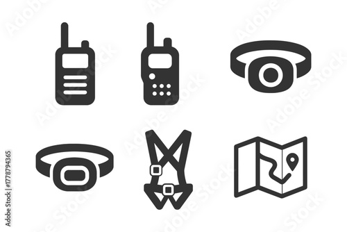 Outdoor adventure gear icons: walkie talkies, headlamps, climbing harness, map.