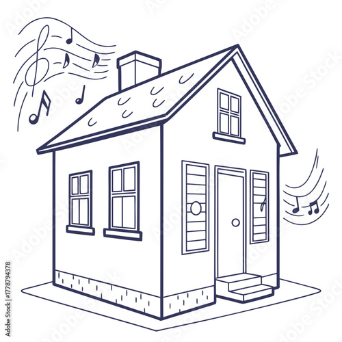 Illustration of a house with music notes around it