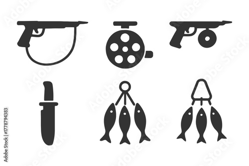 Spearfishing and fishing equipment icons set: spearguns, knife, reel, fish stringer.