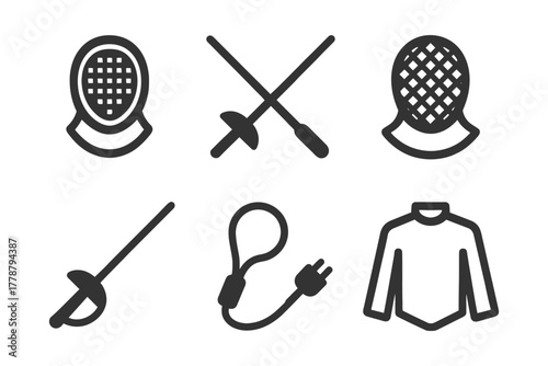 Fencing equipment icons: mask, epee, sabre, electric gear, jacket.