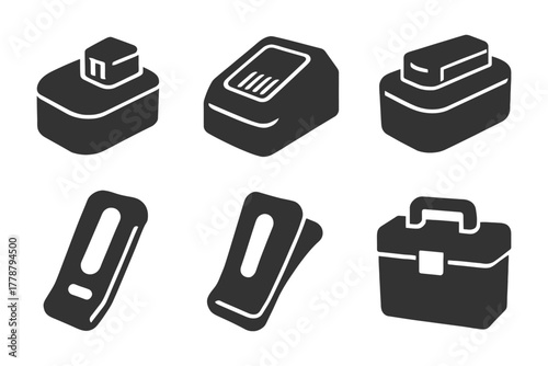 Collection of six black stencil icons featuring tools and devices.