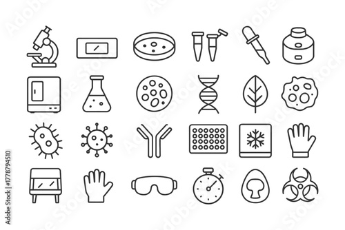 Set of laboratory and scientific icons including microscopes, test tubes, dna, cells, and biohazard symbols.