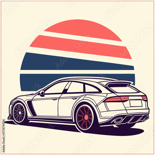 Sleek station wagon against a retro sun illustration