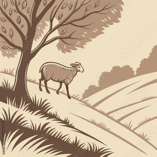 Sheep grazing under a tree in a rural landscape