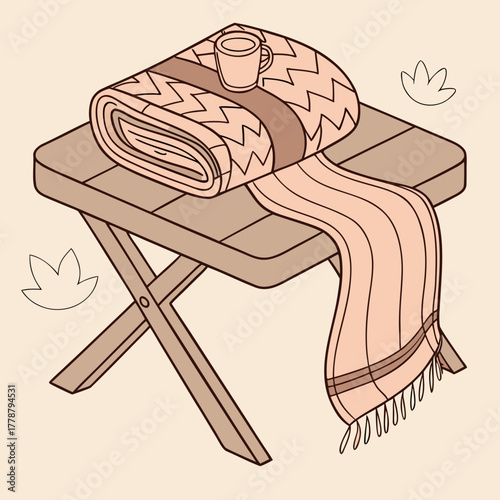 Rolled towel and cup on a wooden stool with leaves on a beige background
