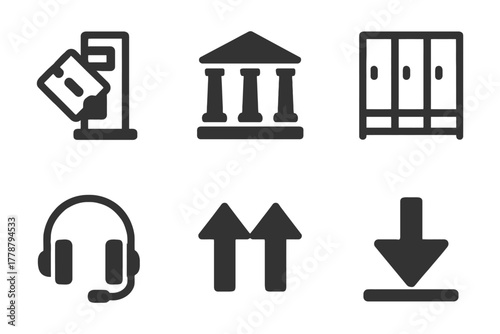 Icon set: voting machine, courthouse, lockers, headset, arrows, download.