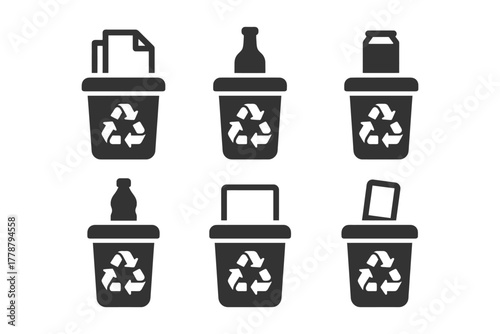 Recycling bin icons with symbols for paper, glass, metal, plastic.