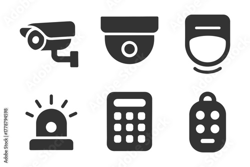 Surveillance icons set featuring cameras, alarm, and remote controls.