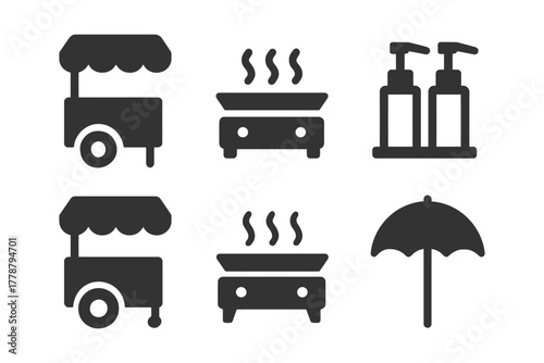 Street food cart, grill, soap dispenser, and umbrella icons set.