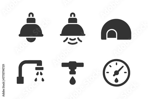 Home utility icons: lighting, plumbing, and measurement symbols.