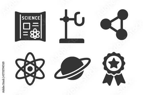 Science icons: tools, molecules, atom, planet, award symbols in black.