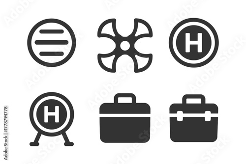 Collection of helicopter landing zone and toolbox icon designs.