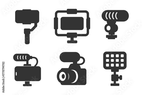 Set of monochrome vlogging and filmmaking equipment icons.