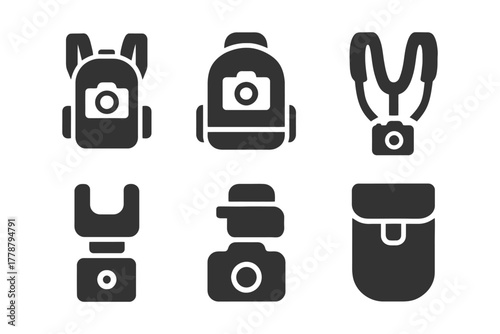 Camera accessories: backpack, strap, mount, and case icon set.