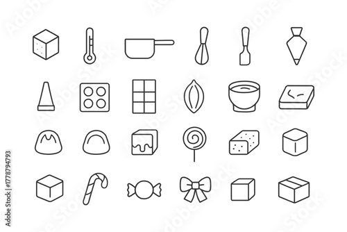 Candy and baking tools icons: whisk, lollipop, sugar, candy cane, measuring cup.