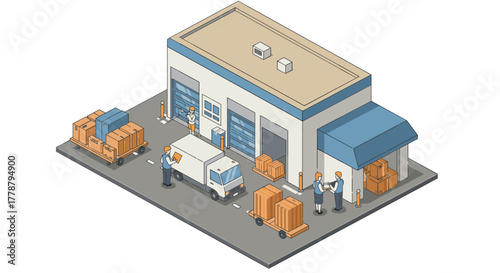 Isometric warehouse with workers and delivery trucks
