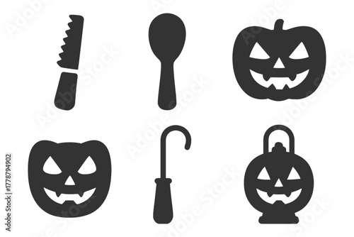 Halloween icon set: knife, spoon, pumpkins, cane, lantern.