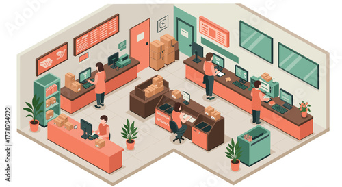 Modern isometric post office scene with workers at counters and computers
