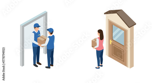 Isometric delivery concept with couriers and customer at door