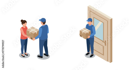 Isometric delivery scene with courier handing parcel to customer at doorstep