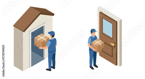 Isometric delivery service with courier at parcel locker and home door