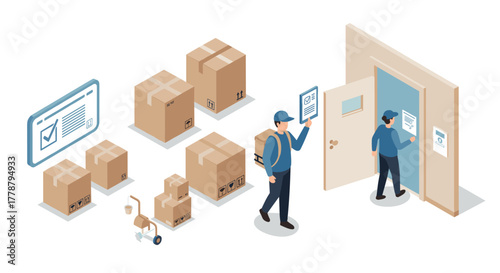 Efficient parcel delivery process with couriers and packages in isometric style