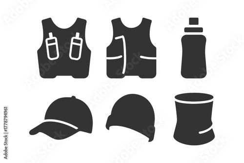 Icon set: outdoor gear essentials for hiking and adventure activities.