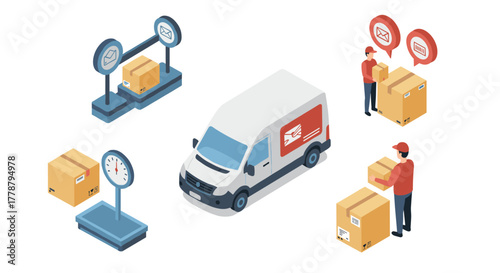 Isometric delivery concept with van and mailboxes