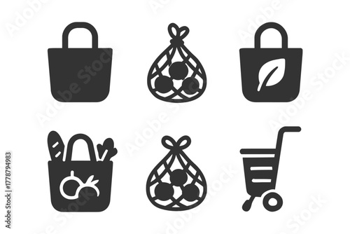 Eco-friendly shopping icons: bags, net bags, and cart designs.