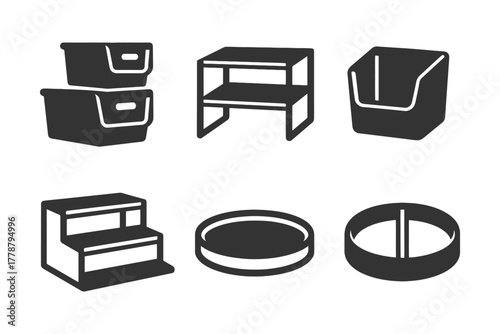 Black monochrome icons of storage boxes and shelves for organization.